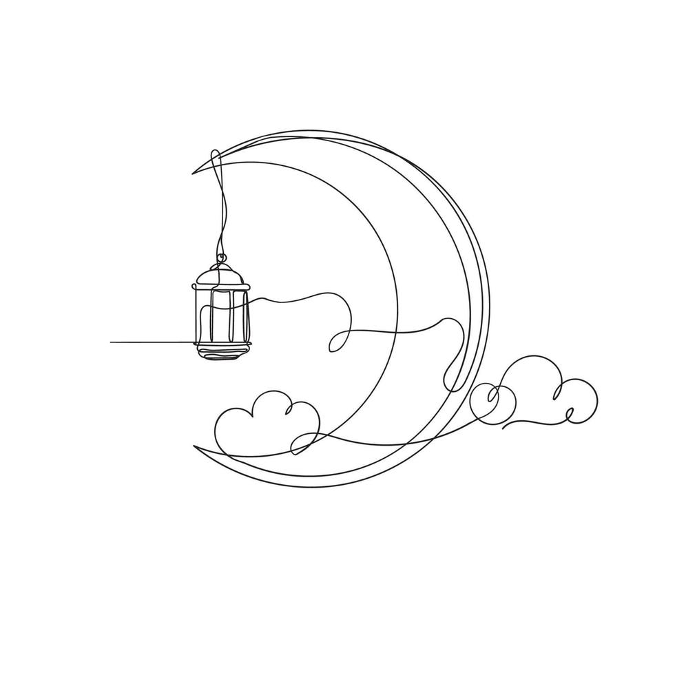 continuous line drawing crescent moon and lantern illustration symbol vector