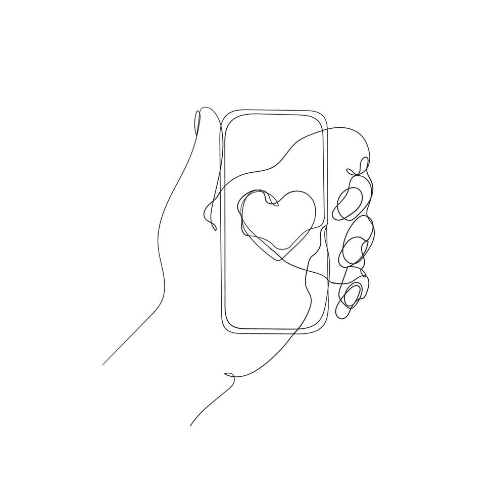 continuous line drawing mobile and love symbol on the screen illustration vector