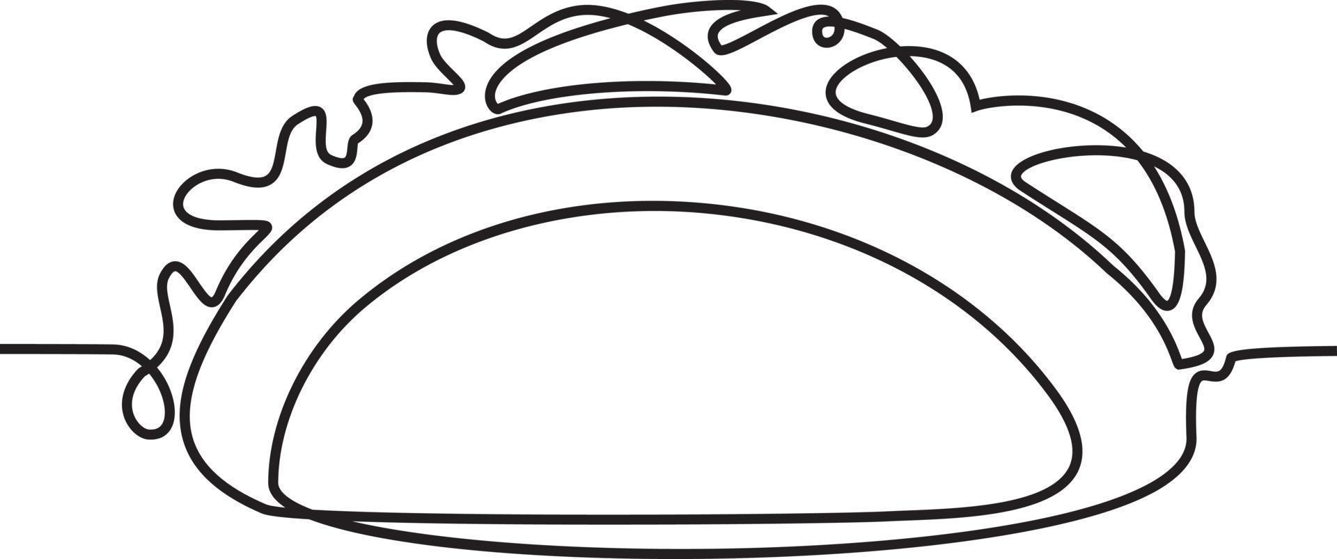 Continuous single drawn one line taco hand-drawn picture silhouette. vector