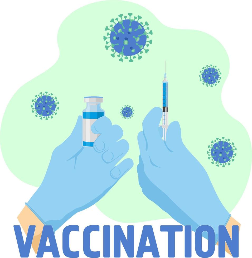 Development and creation of a COVID-19 vaccine. Design by doctor hands with medical gloves holding vaccine bottle and syringe vector