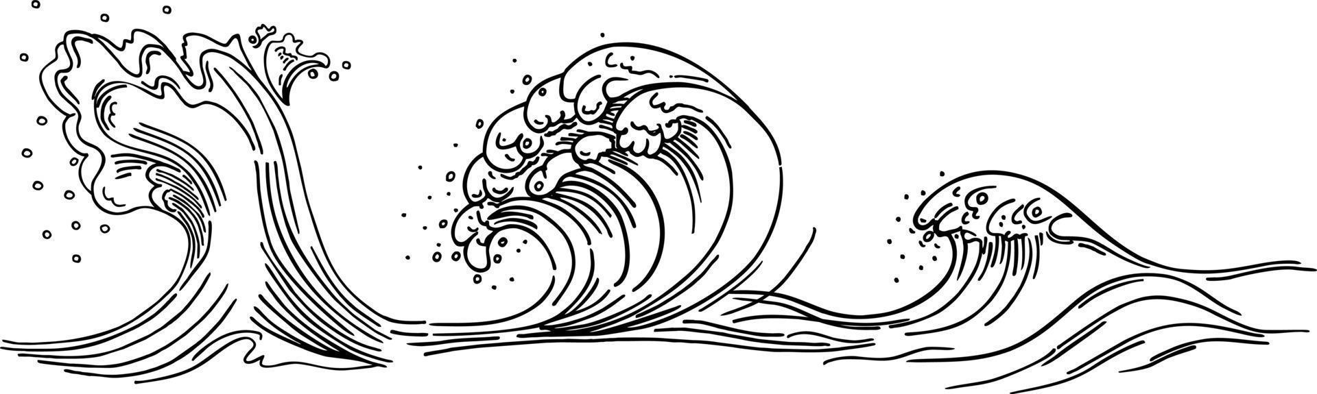 Outline of sea wave. Sea wave crest. Hand drawn sketch. Linear monochrome vector illustration.