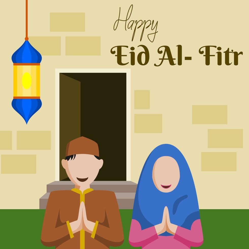 Editable Muslim Couple Greeting With Hanging Arab Lantern in Front of House Vector Illustration for Eid Fitr Mubarak and Islamic Moments Design Concept