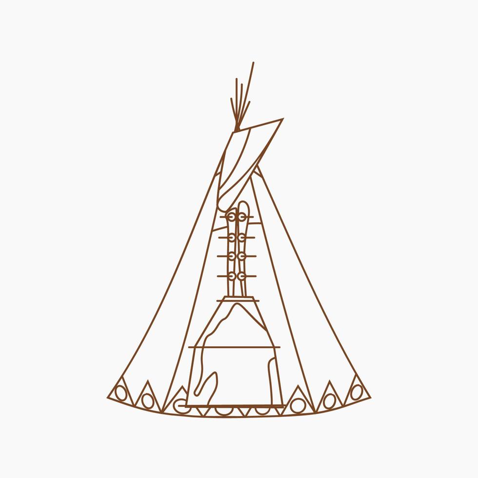 Editable Vector of Isolated Front View Native American Tent Illustration in Outline Style for Traditional Culture and History Related Design
