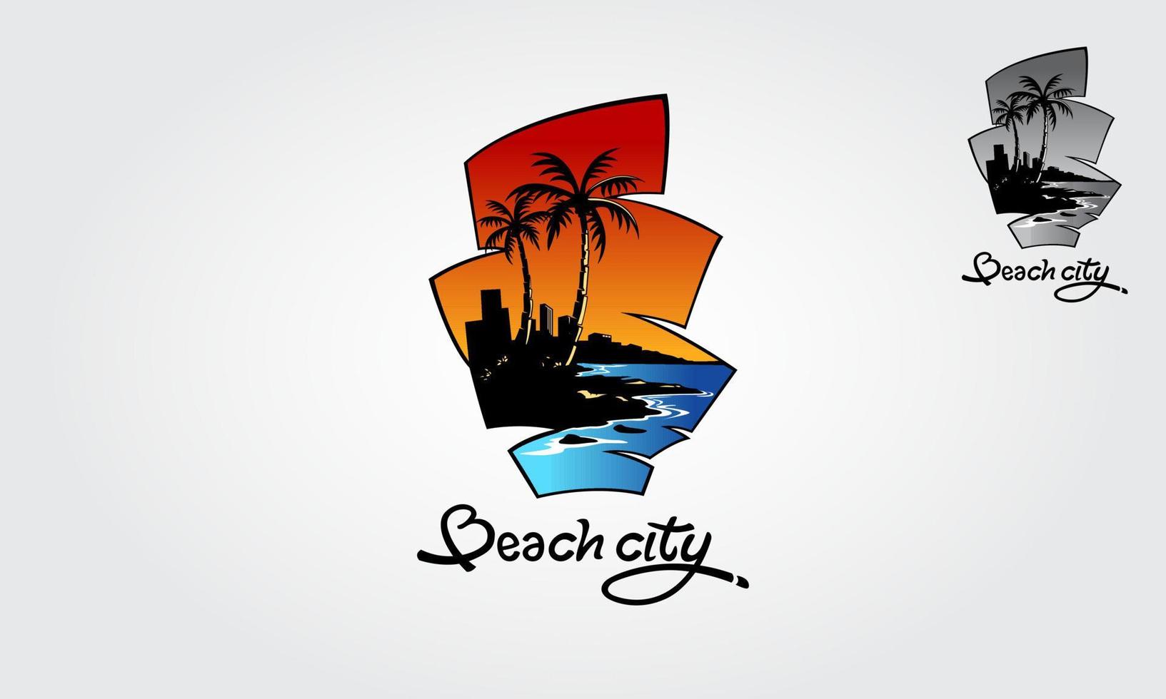 plantilla de logotipo de vector de ciudad de playa. agua olas del océano con edificio, ciudad, construcción, sol, palmera y playa, para vacaciones, restaurante y hotelería. El logotipo de Beach City es totalmente personalizable.