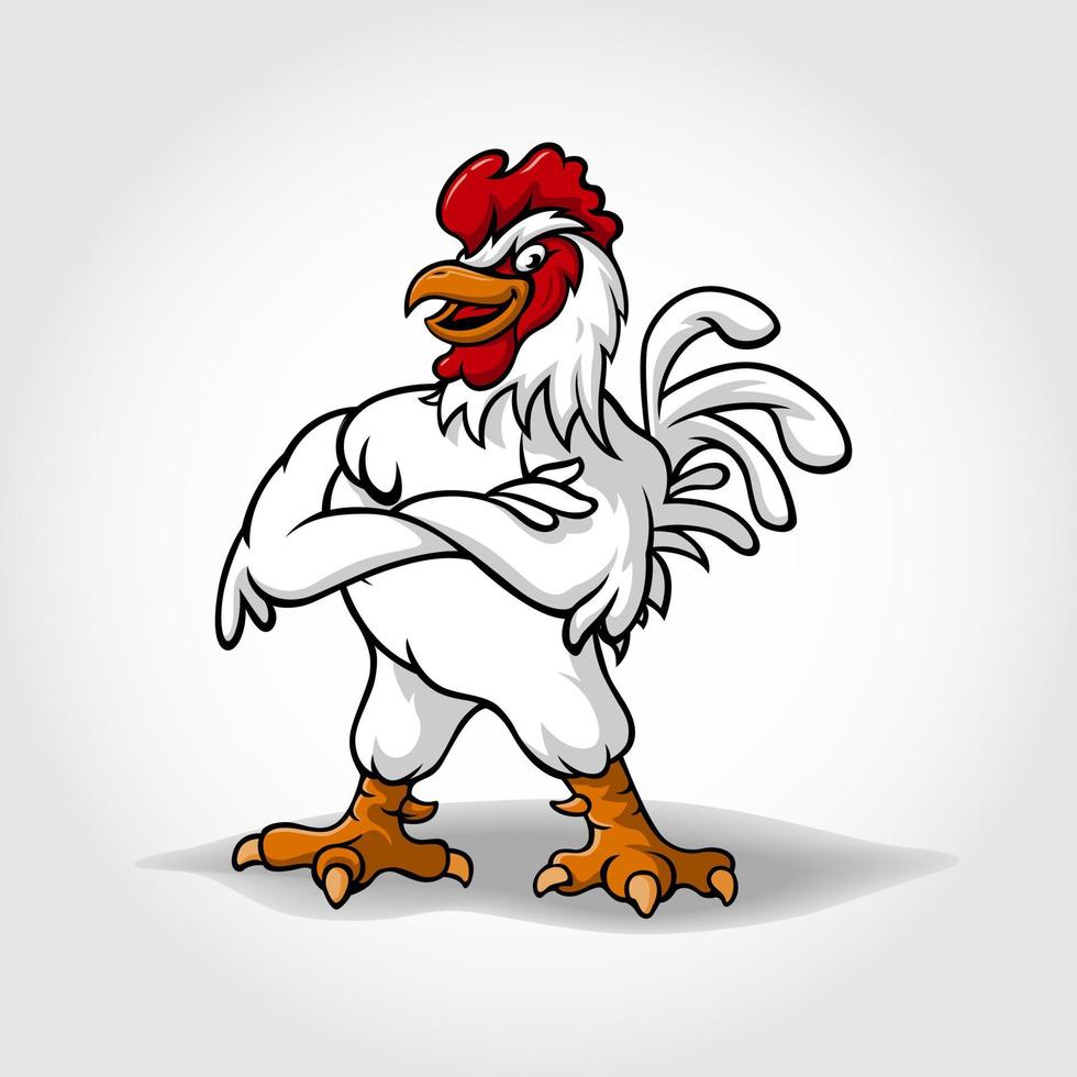 ilustración de mascota de super gallo de dibujos animados divertidos. personaje de dibujos animados de vector de pollo doblando las manos.