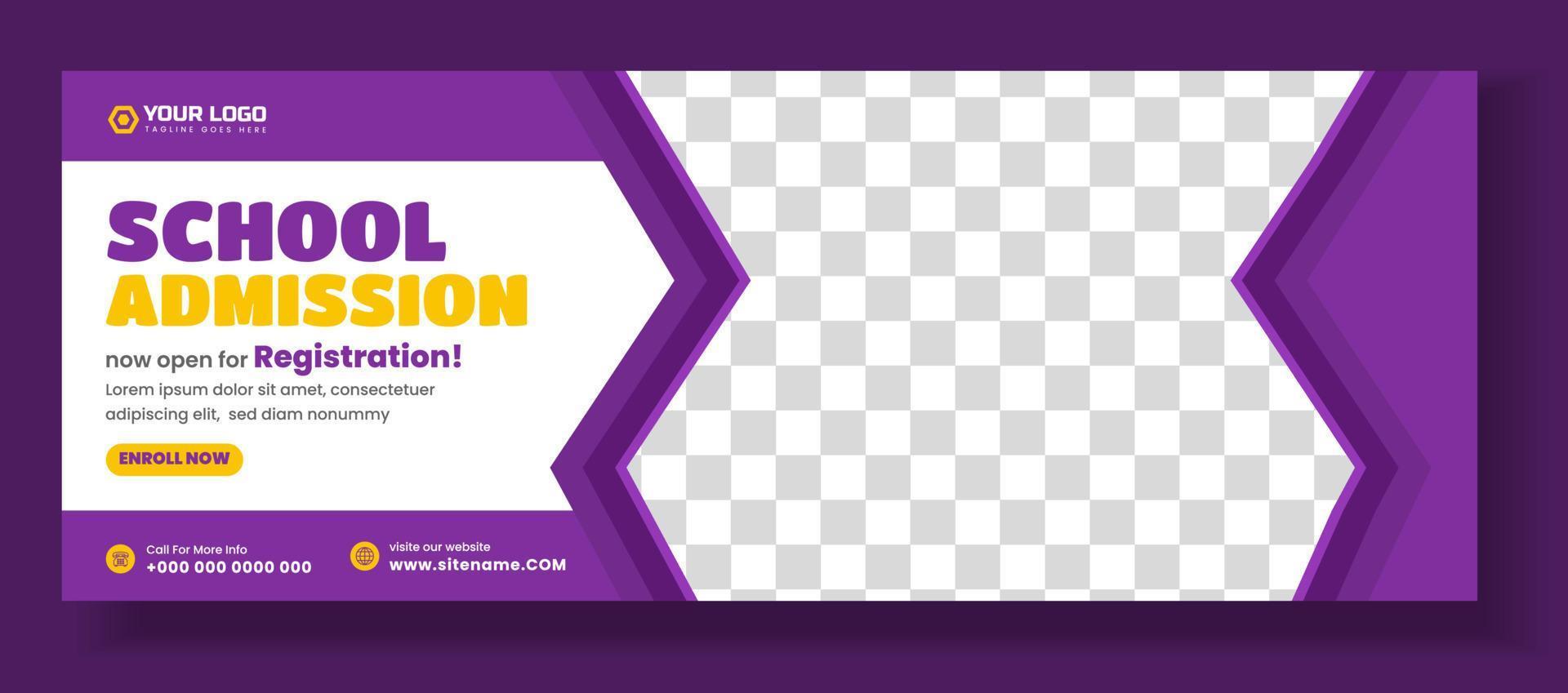 diseño de portada de medios sociales de admisión a la escuela. diseño de banner de portada de redes sociales de regreso a la escuela. portada de redes sociales de admisión a la escuela y banner web. banner web de admisión escolar vector