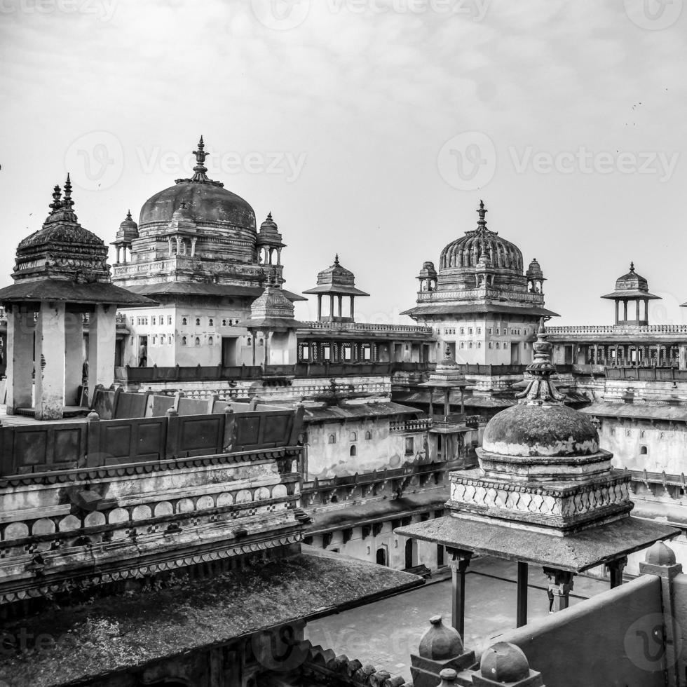 Jahangir Mahal Orchha Fort in Orchha, Madhya Pradesh, India, Jahangir Mahal or Orchha Palace is citadel and garrison located in Orchha Madhya Pradesh. India, India Archaeological Site Black White photo