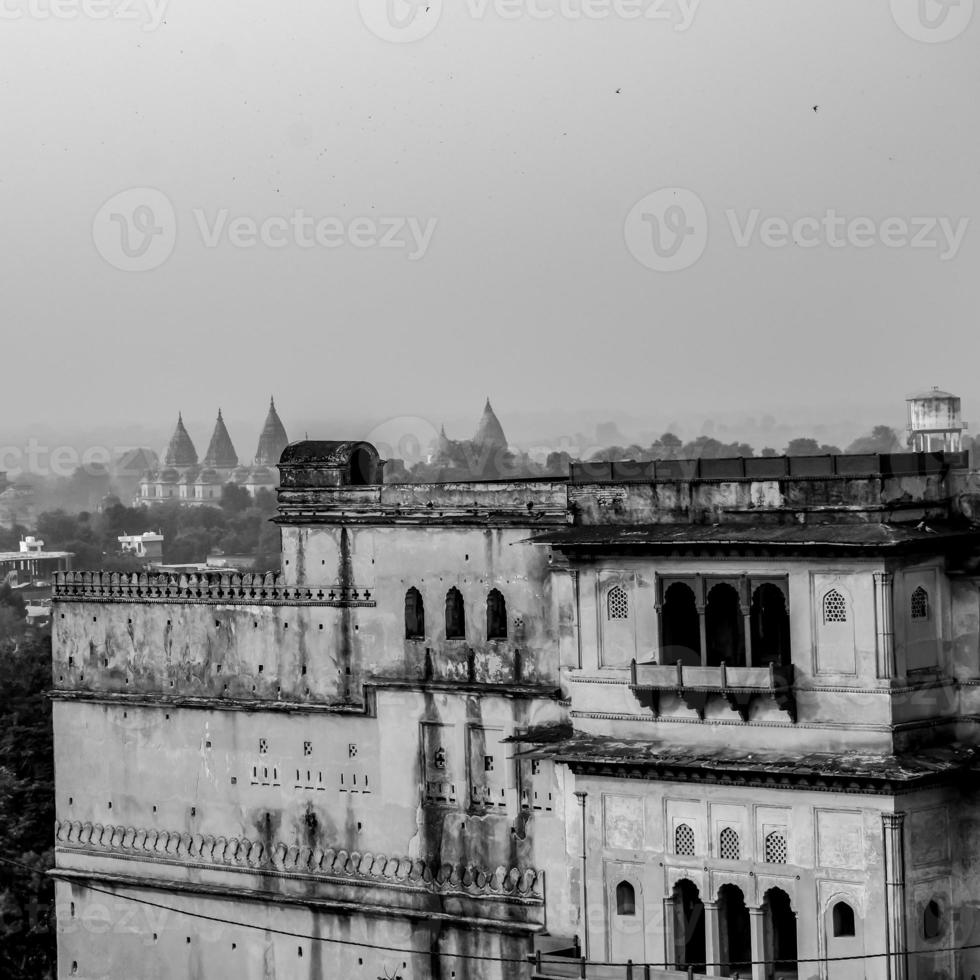 Jahangir Mahal Orchha Fort in Orchha, Madhya Pradesh, India, Jahangir Mahal or Orchha Palace is citadel and garrison located in Orchha Madhya Pradesh. India, India Archaeological Site Black White photo