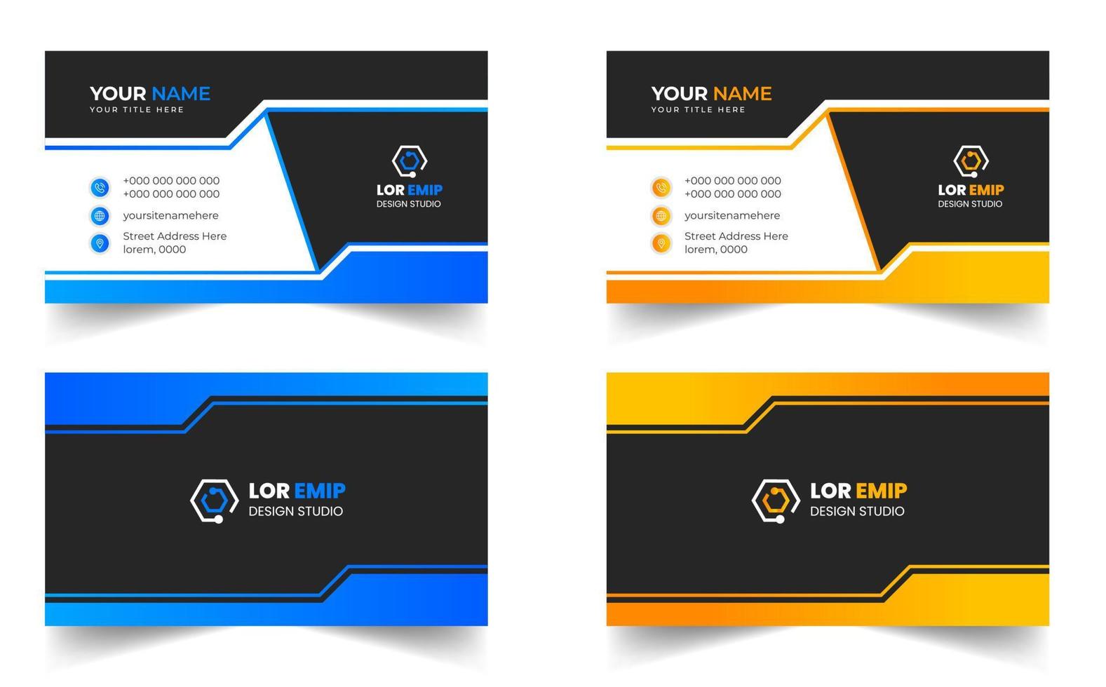 Blue and yellow modern creative business card design template. unique shape modern business card design. vector