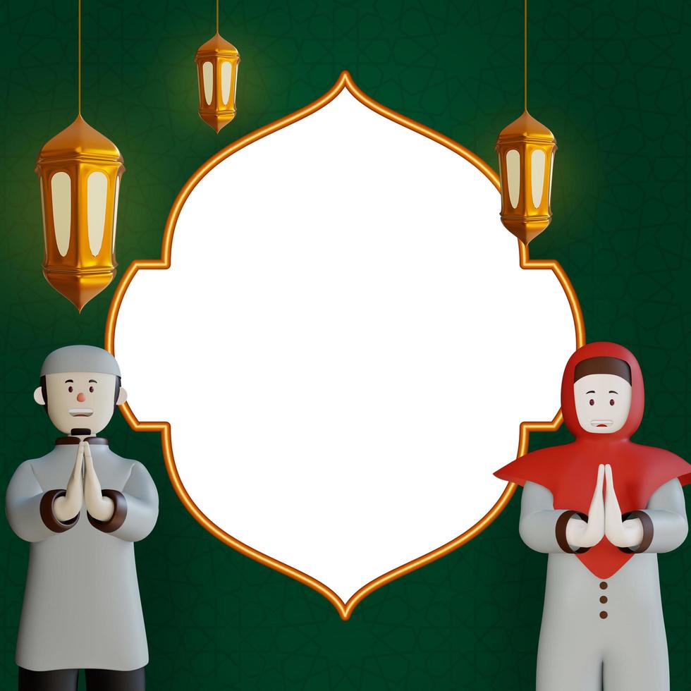 islamic background with text space, muslim character, golden lantern. 3D rendering photo