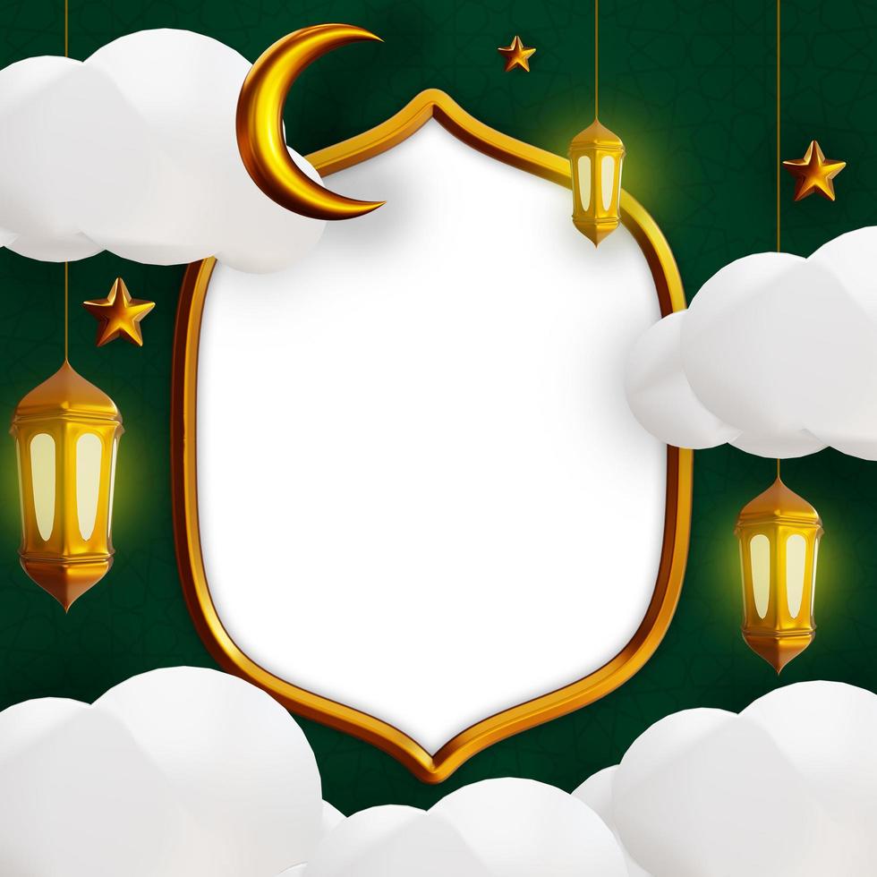 ramadan islamic text space greeting, 3D rendering with arabic lantern crescent moon, golden star and cloud photo