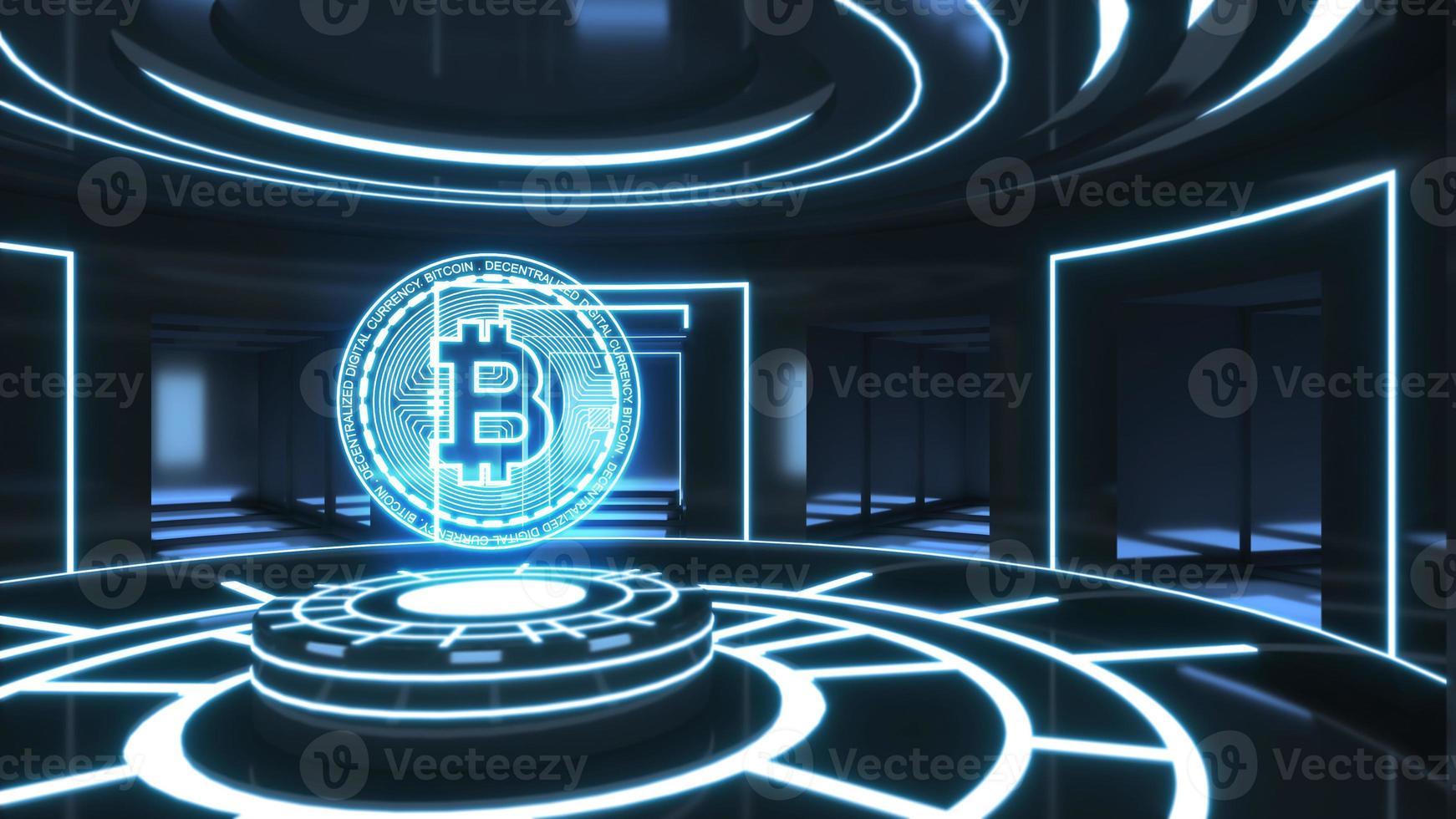 3D Render Bitcoin in future background on podium. photo
