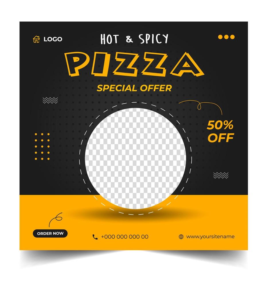 plantilla de publicación de banner de redes sociales de pizza. pancarta social de pizza, diseño de pancarta de pizza, plantilla de redes sociales de comida rápida para restaurante. diseño de banner de pizza en medios sociales con color amarillo y negro. vector