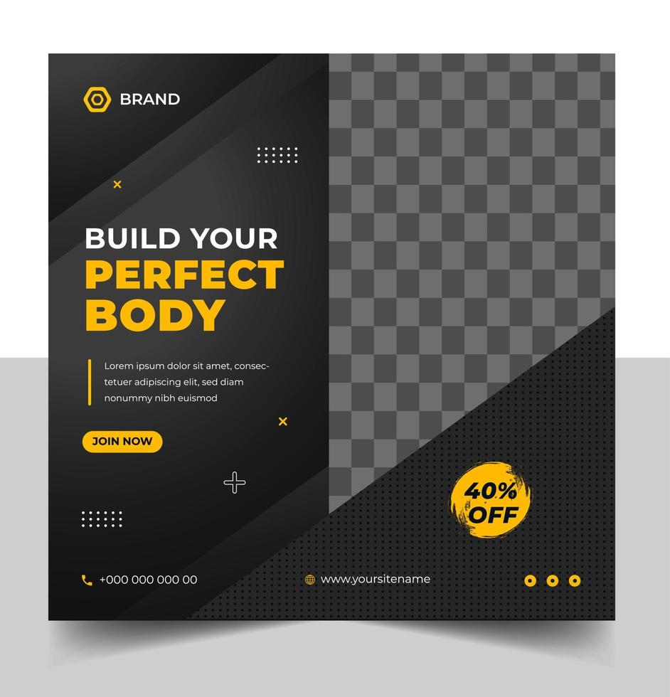 plantilla de banner de redes sociales de gimnasio de fitness con negro y amarillo. ilustración vectorial vector