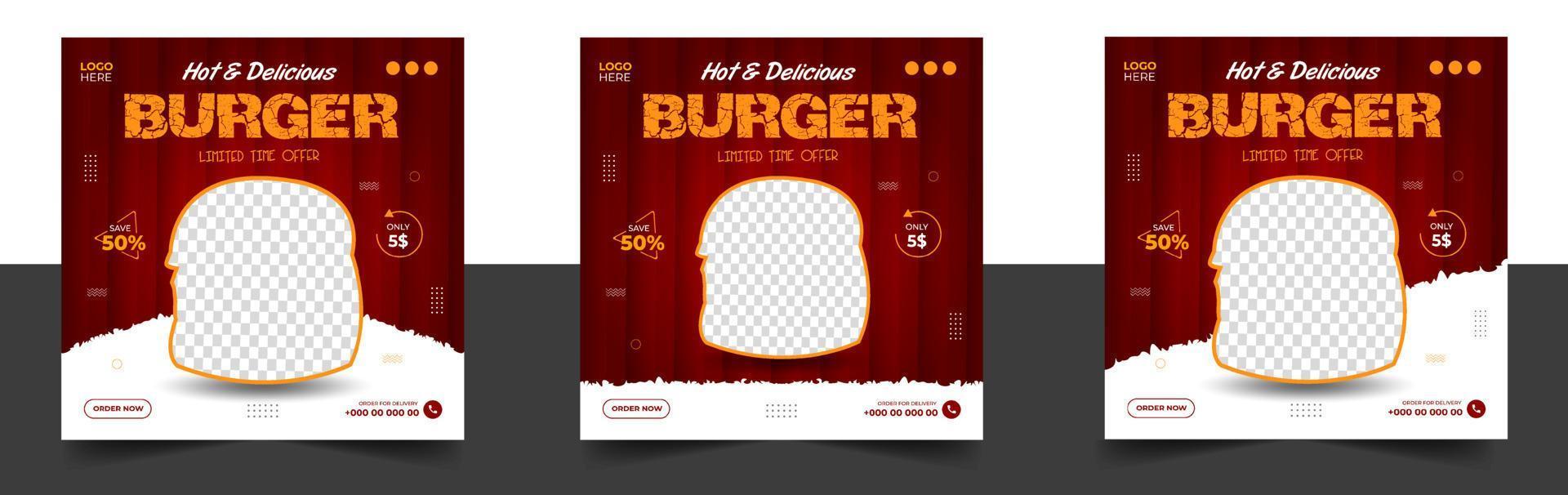 plantilla de diseño de banner de publicación de redes sociales de hamburguesa. banner social de hamburguesa, diseño de banner de hamburguesa, plantilla de redes sociales de comida rápida para restaurante. pancarta de hamburguesas en las redes sociales con color amarillo y rojo. vector