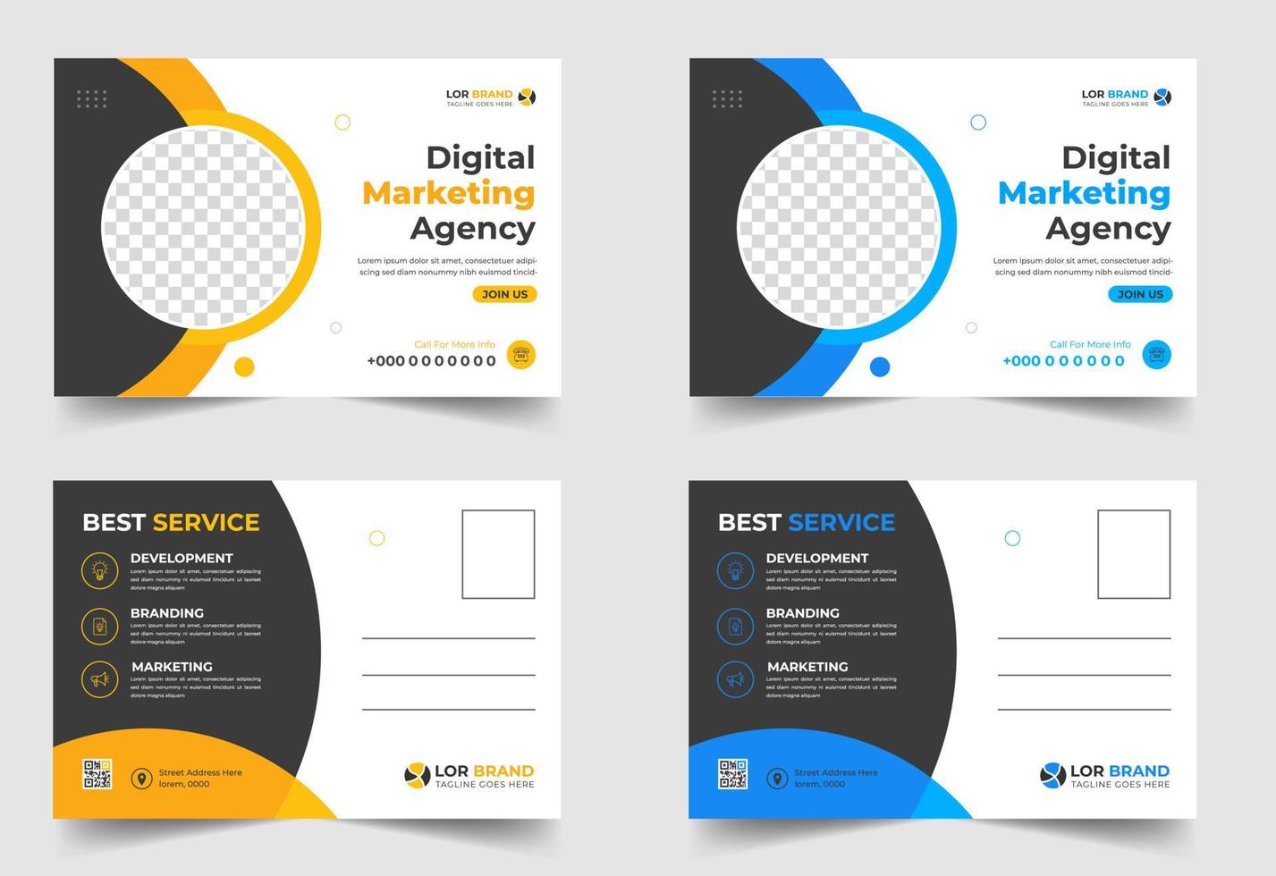 Corporate business postcard template design set. digital marketing agency postcard, business marketing postcard set, vector illustration.