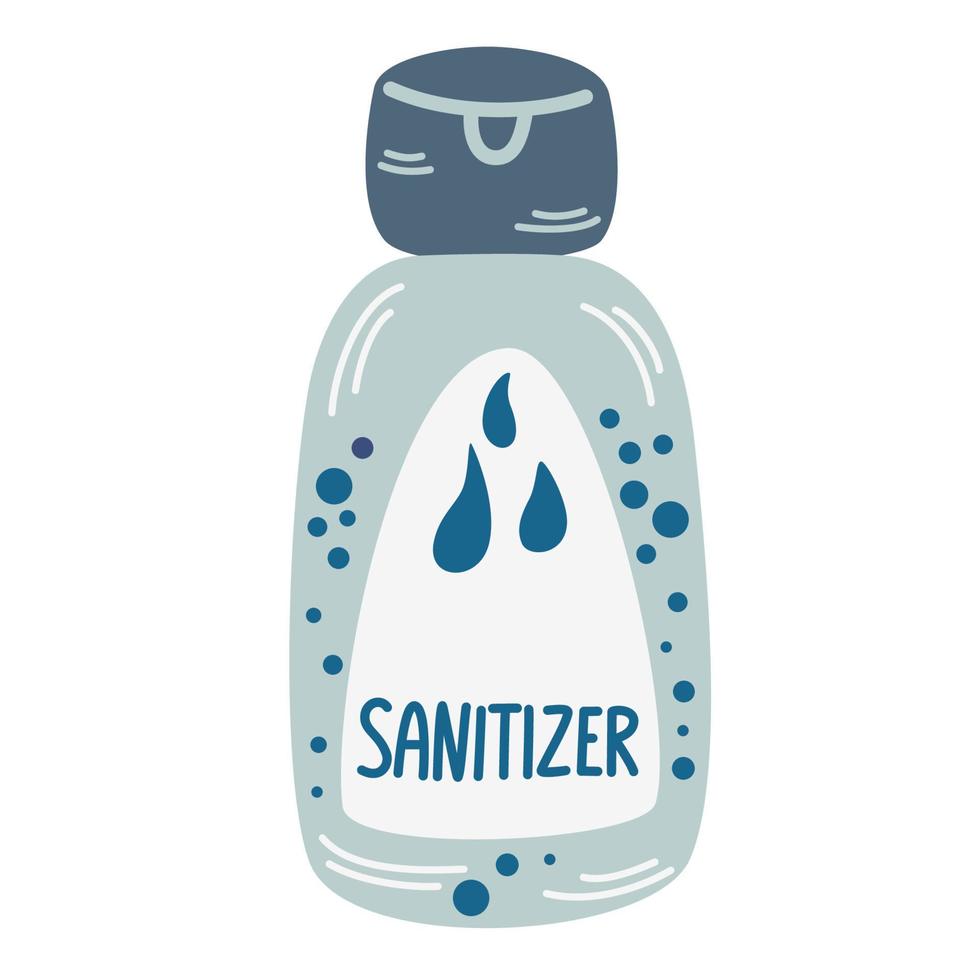 Sanitizer. Bottle with antiseptic for hands. Disinfection item. Personal protection from infection. Vector cartoon illustrations