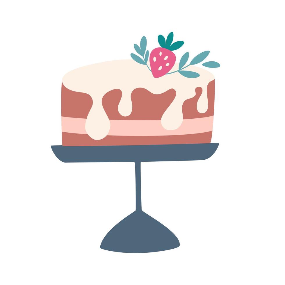 Strawberry cake. Sweet pastries for birthday and parties. Dessert clipart. Perfect for printing, menus, restaurants and apps. Vector cartoon illustration