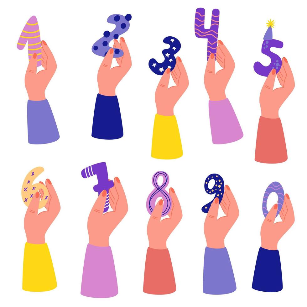 Hand hold numbers. Holiday numbers for birthday and party. Votes jury judges of tournament or contest. Hand Drawn Cartoon Vector illustration.