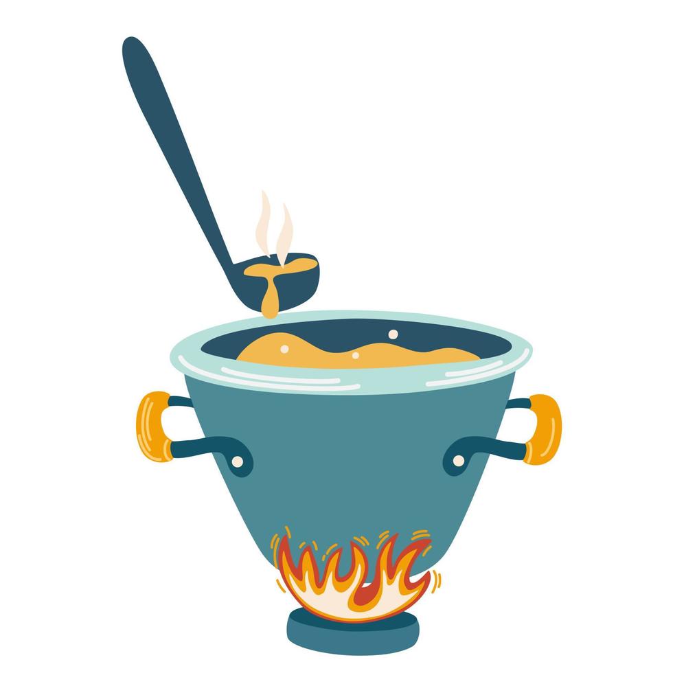 olla de sopa y un cucharón. sopa del día, vegana, estilo de cocina de croquis, insignia, emblema. para insignias, etiquetas, logotipo, restaurante, menú, cocina de aula, cafetería, cocina de estudio. ilustración de dibujos animados de vectores