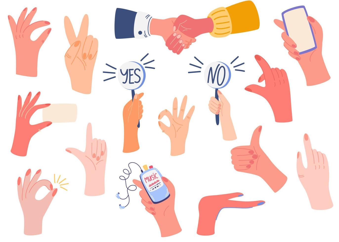 Different hands big set. Various gestures. Pointing hands, gesturing communication language, palm gesture designation. Flat vector illustration isolated on white background