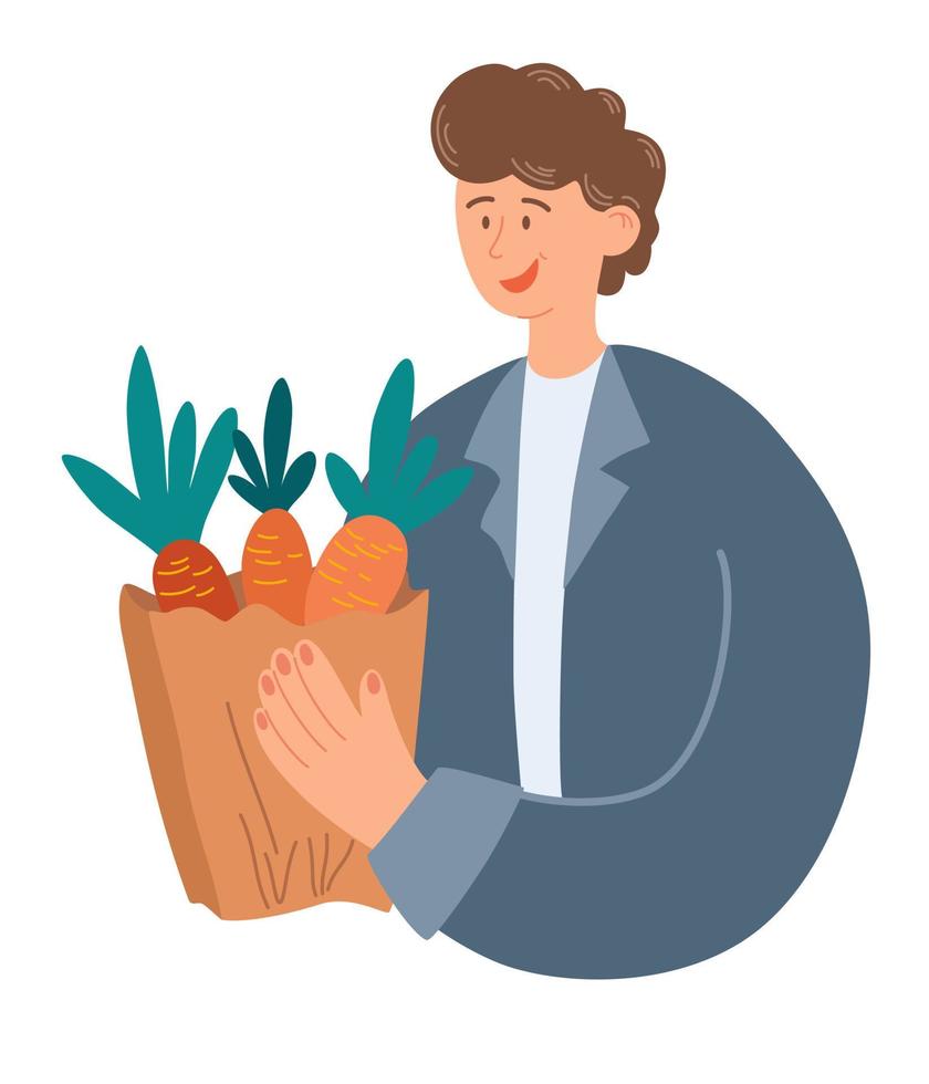 Young man holding package with fresh vegetables. Smiling man with carrot veggie, portrait. Shopping in the store, food delivery to your home and restaurant. Fresh organic products. Vector illustration