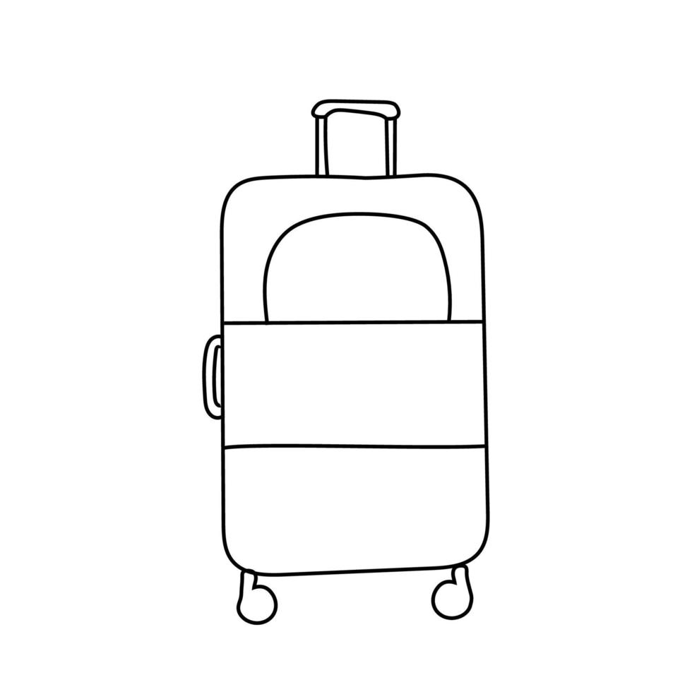 Hand drawn doodle travel suitcase with wheels isolated on white background. Line art vector