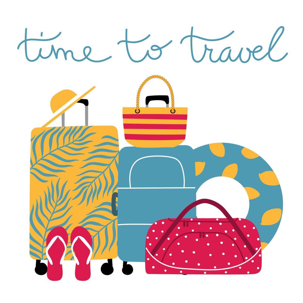 tiempo para viajar set de viaje con coloridos accesorios. Vacaciones familiares vector