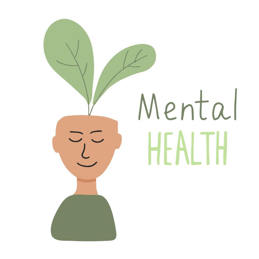 Face of young smiling man with plant in his head. Mental health concept. Positive emotions in the head of a person. Flat vector illustartion isolated on white background