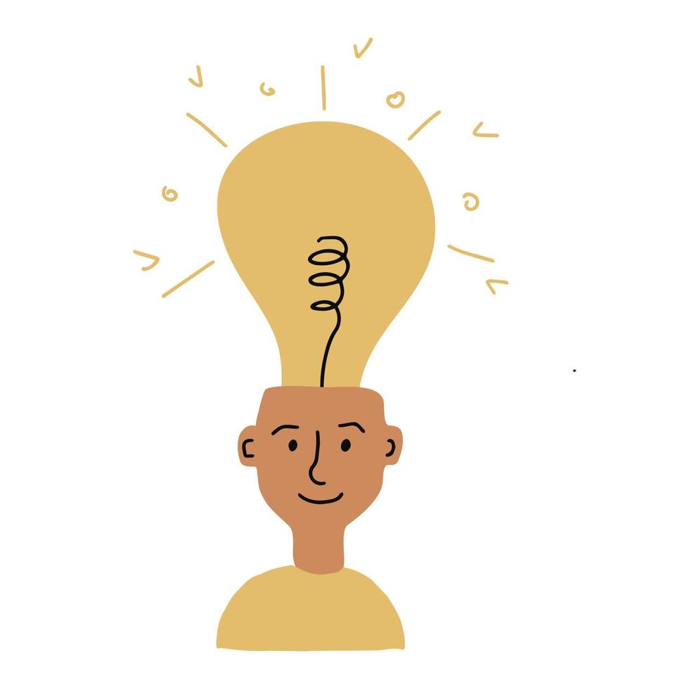 Young smiling man with a burning light bulb on his head. Concept of the emerging idea. Flat vector illustration isolated on white background