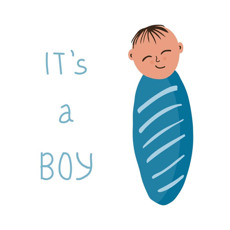Cute smiling newborn baby boy with closed eyes wrapped in a blue diaper. Baby shower template. Phrase- Its a boy. Cartoon hand drawn vector illustration
