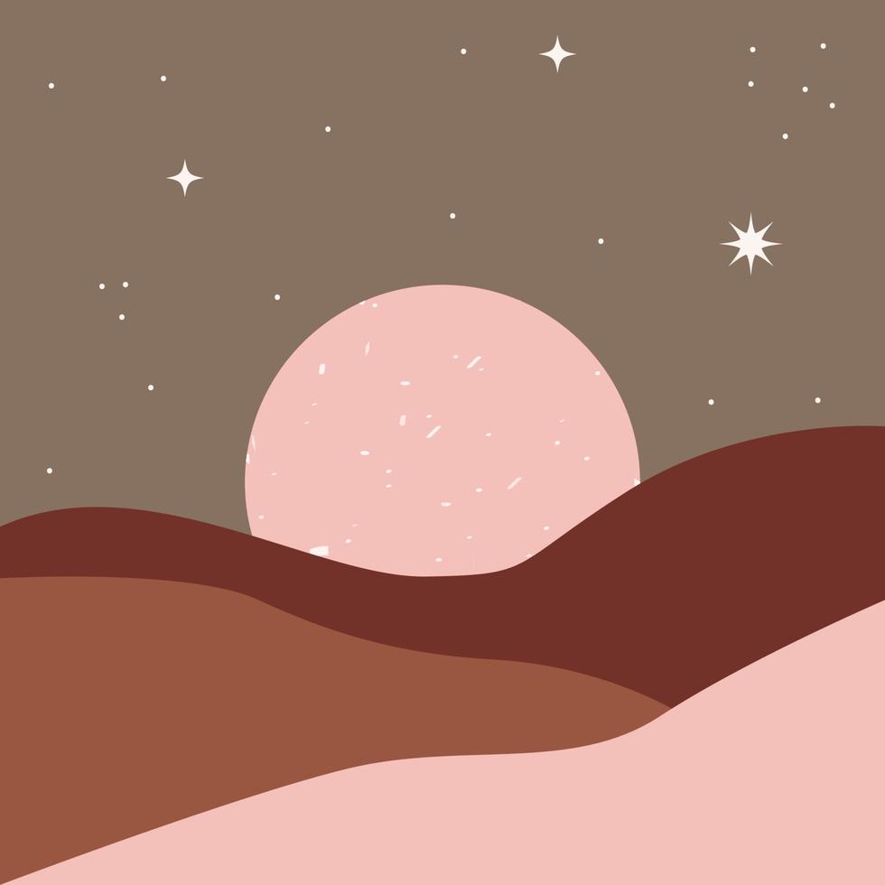 paisaje desértico simple con luna grande y noche estrellada. ilustración de vector plano para tarjeta de diseño, invitaciones, estampado de camisetas, etc.