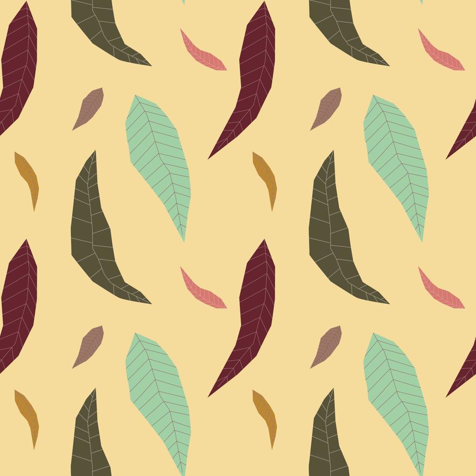 Seamless pattern with abstract geometric leaves. Design in boho style . Endless texture for fabric, textile, wallpaper, fall cards etc. Vector illustration isolated on yellow background
