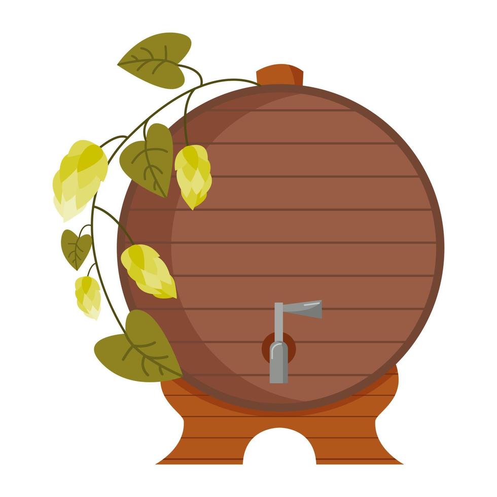 A barrel of beer and a sprig of hops. Oktoberfest concept. Decoration for german festival. Flat vector illustration isolated on white background