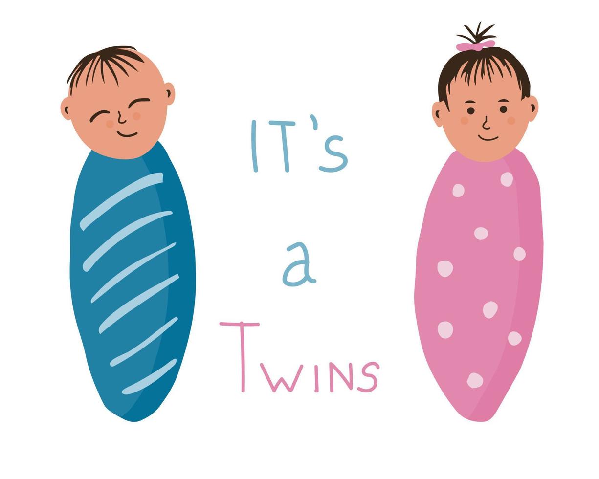 Cute smiling newborn baby boy and baby girl wrapped in a diaper. vector