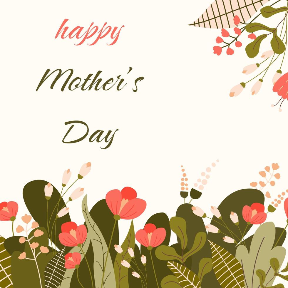 tarjeta de felicitación del día de la madre feliz con lindo fondo floral. diseño de banner de primavera con flores abstractas rojas y blancas en flor. concepto del día de la madre. Ilustración de vector plano de color aislado en beige