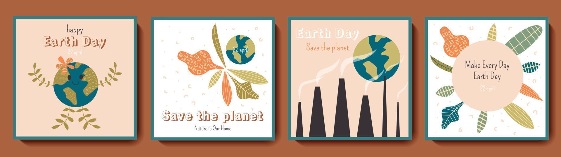 Happy Mother Earth Day greeting square card set. Ecology and environment protection backgrounds with planet, leaves, smoking pipes. Color vector templates for social media post, flyer, postcard design