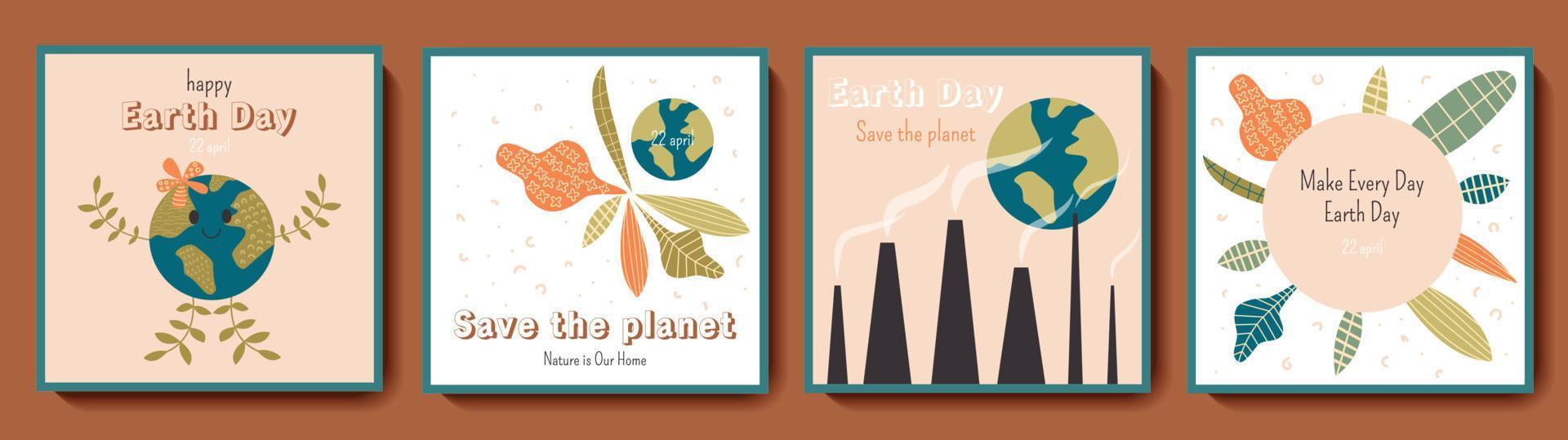 Happy Mother Earth Day greeting square card set. Ecology and environment protection backgrounds with planet, leaves, smoking pipes. Color vector templates for social media post, flyer, postcard design