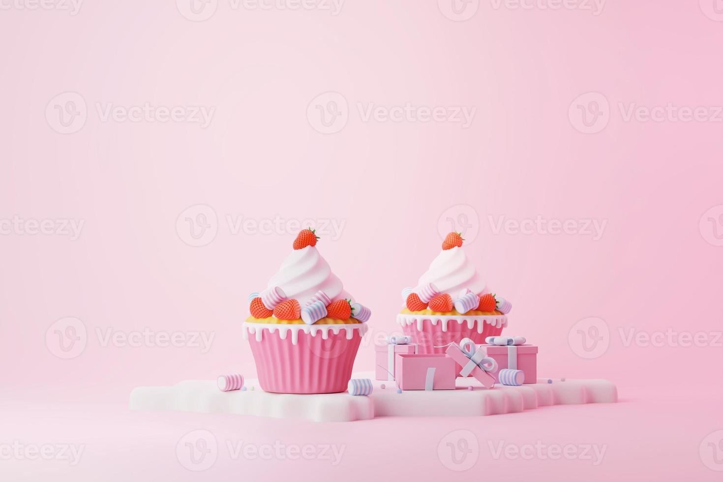 Pink cupcake with red strawberry and marshmallow pastel put on with snow 3d illustration for celebration christmas and valentine day coming photo