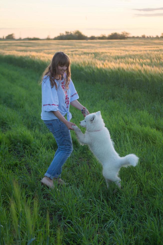 portrait of woman and white puppy of husky dog in the fields photo