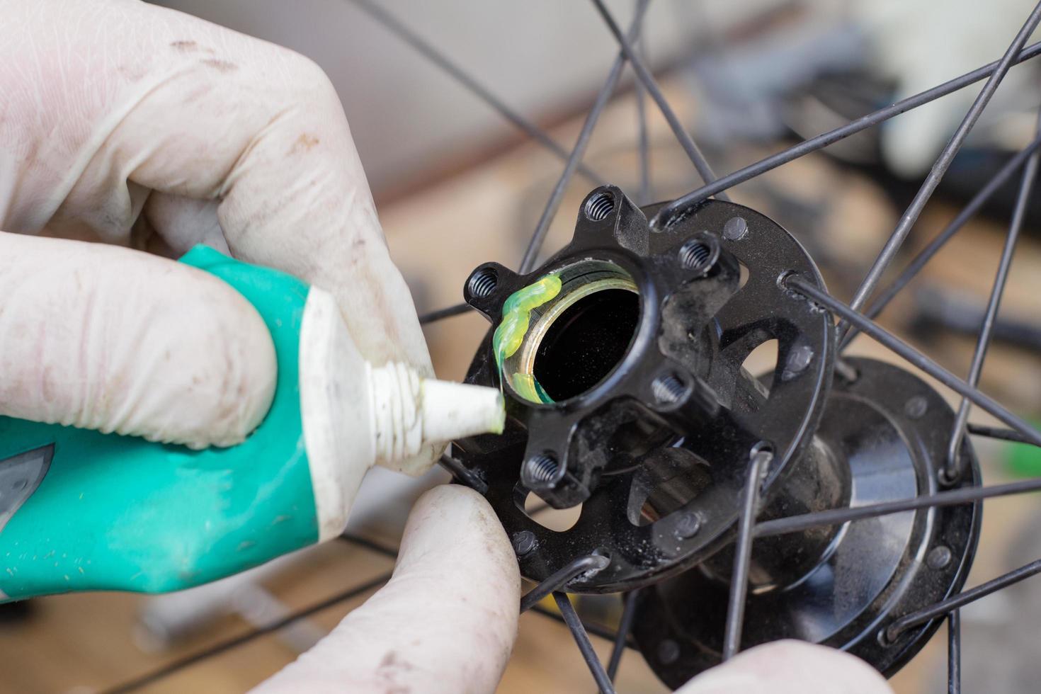 bicycle repair and cleaning process, cycle parts close up, bike workshop photo