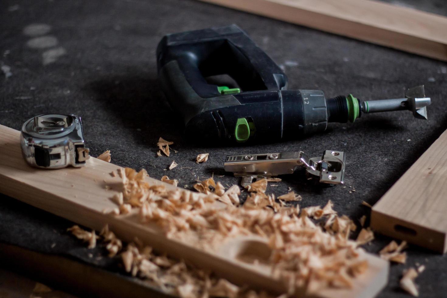 Close up of  carpenter tools on the table in wokshop, woodworking tools photo