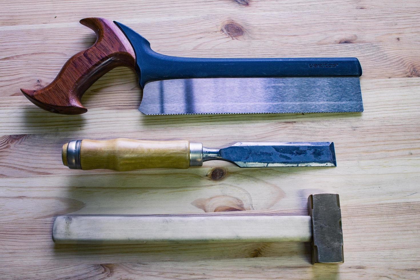 Close up of  carpenter tools on the table in wokshop, woodworking tools photo