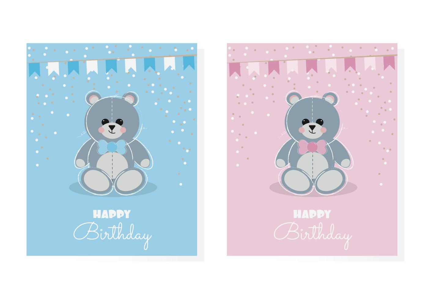 Greeting cards set with cute teddy bear and on blue and pink background. Happy Birthday, thank you, love you. vector