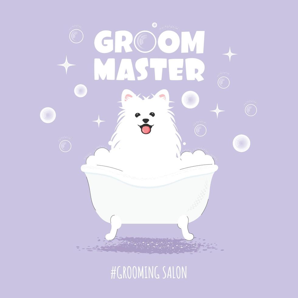 The cute samoyed dog with bubbles and bath in kawaii, flat vector style. Illustation of pet grooming for content, label, banner,graphic and greeting card