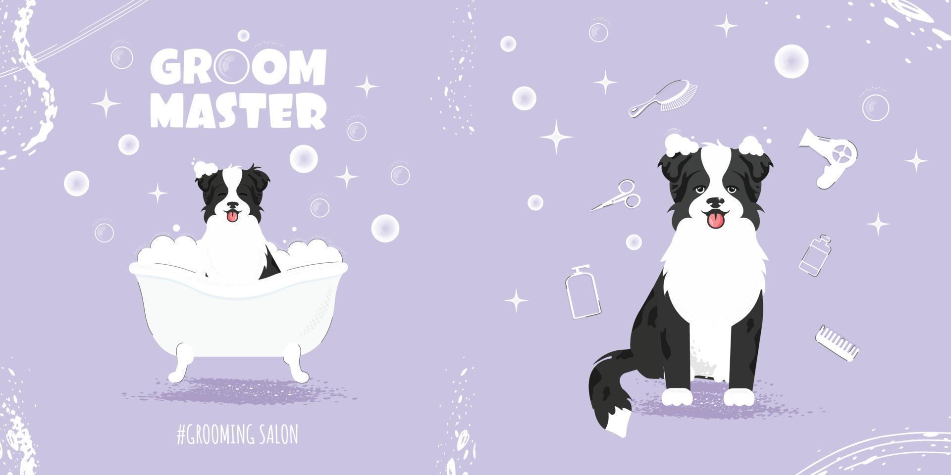 Set of two illustrations. A small dog sitting and grooming tools around it. Concept of a grooming salon. Cartoon dog sitting in a bubble bath. vector