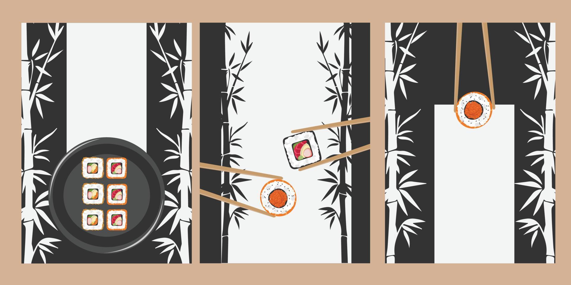 Asian restaurant posters with rolls and sushi and bamboo abstraction. Templates for stories on social media. vector