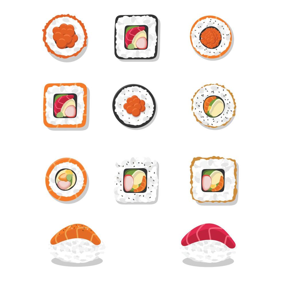 sushi al estilo de dibujos animados y juego de rollos sobre un fondo blanco vector