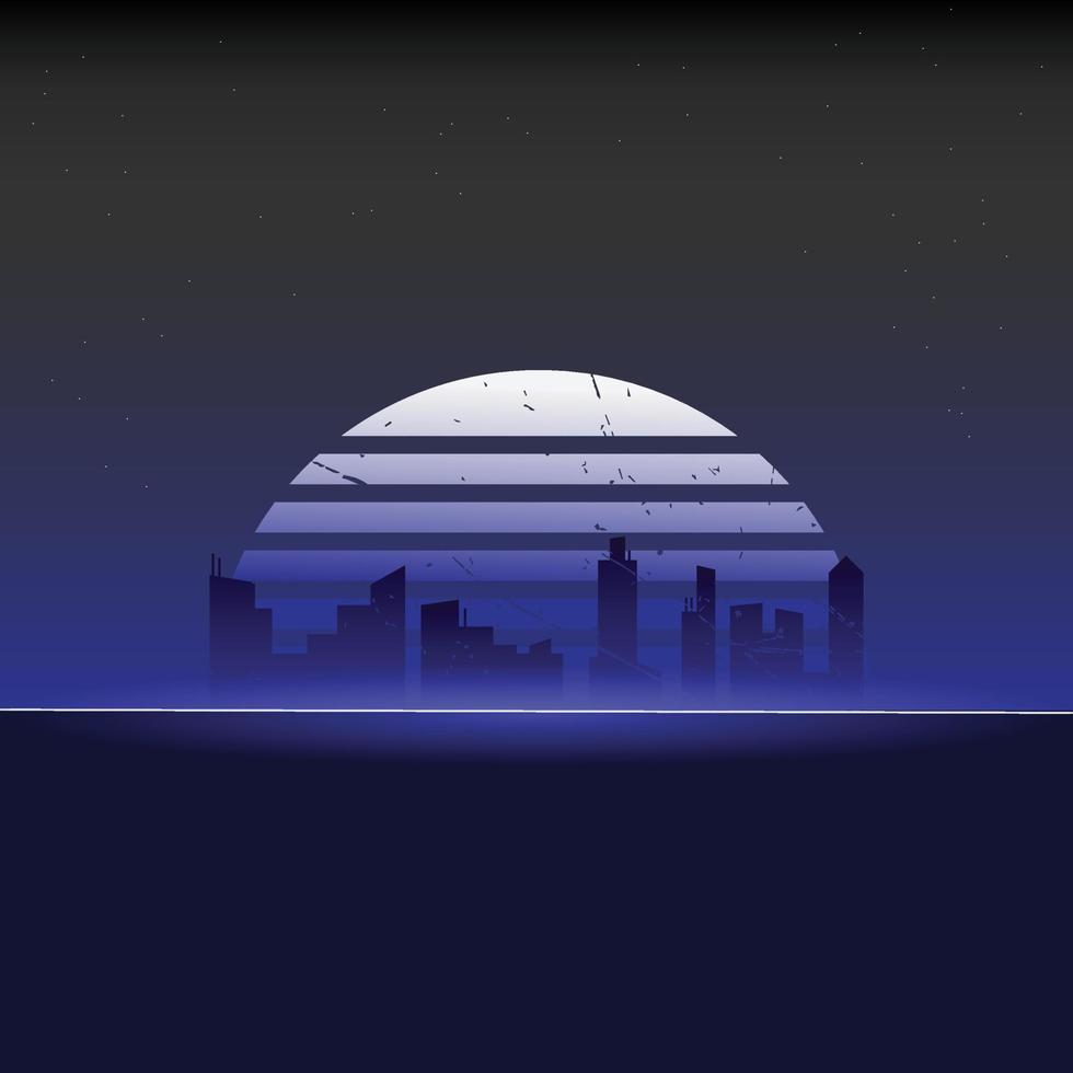 Futuristic retro landscape from the 80s. Futuristic vector illustration of the sun with a retro style city.  Suitable for 1980s style design.