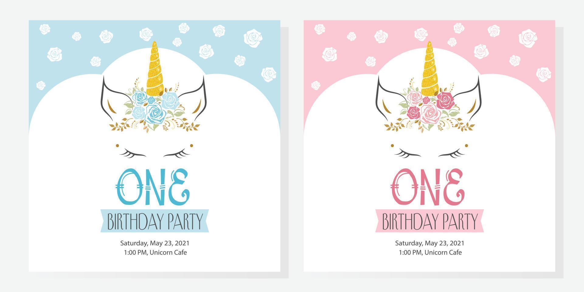Cute unicorn face with a flower on blue and pink colors. Cute children's birthday invitation. Unicorn head. Vector illustration